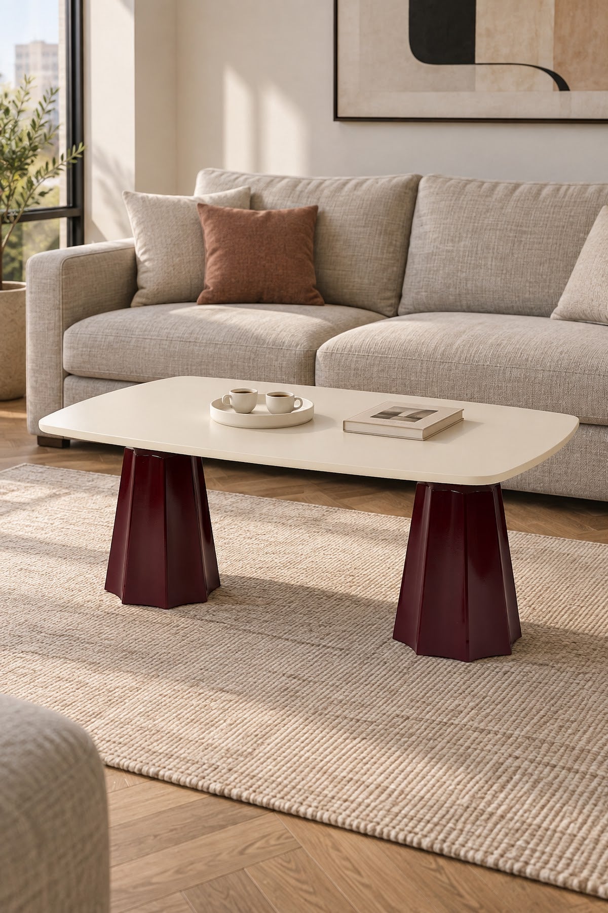 Marmaros Bordo Modern Orta Sehpa | Dikdörtgen Tabla Çift Ayaklı Salon Sehpası