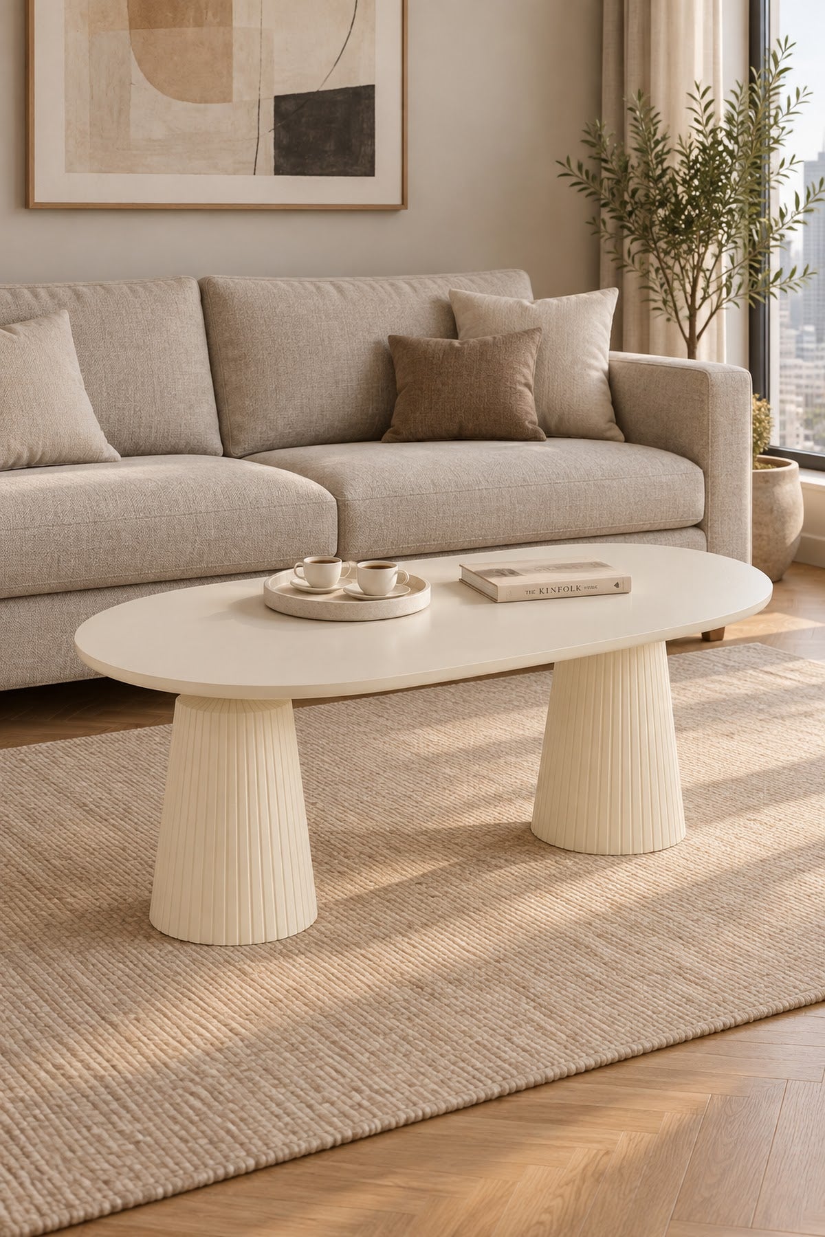 Calista Aytaşı Modern Orta Sehpa | Oval Tabla Çift Ayaklı Salon Sehpası
