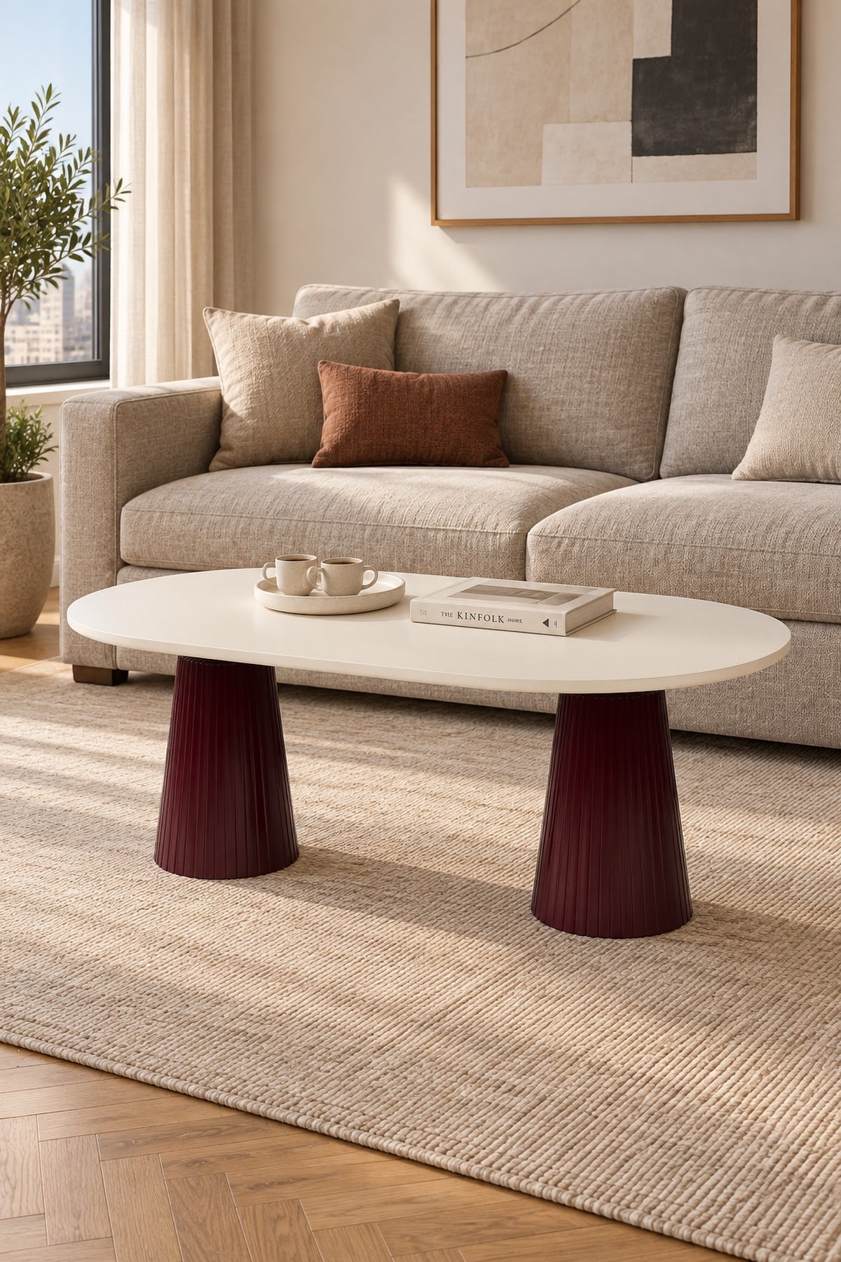 Calista Bordo Modern Orta Sehpa | Oval Tabla Çift Ayaklı Salon Sehpası