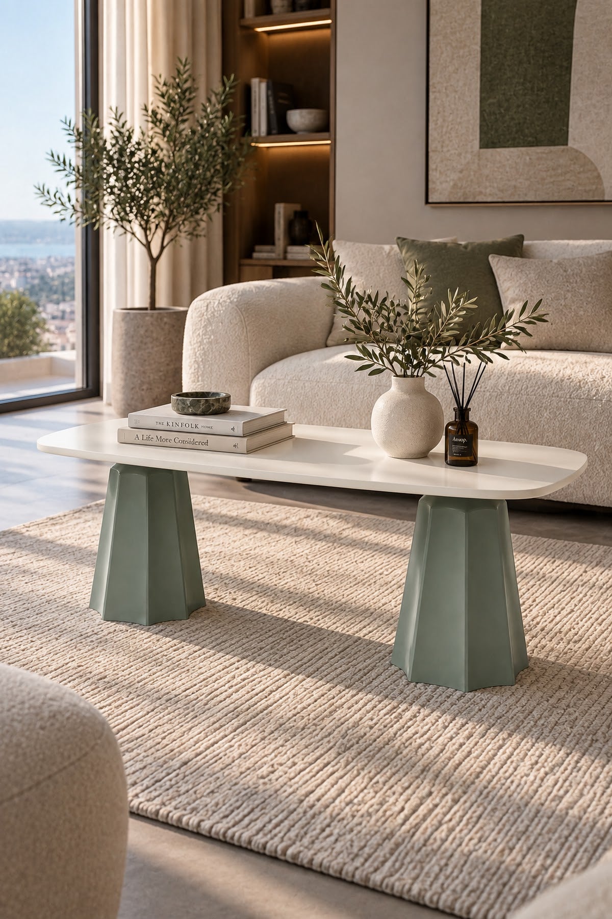 Marmaros Mint Yeşili Modern Orta Sehpa | Dikdörtgen Tabla Çift Ayaklı Salon Sehpası
