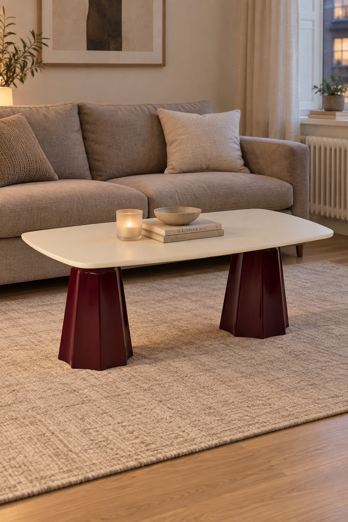 Marmaros Bordo Modern Orta Sehpa | Dikdörtgen Tabla Çift Ayaklı Salon Sehpası