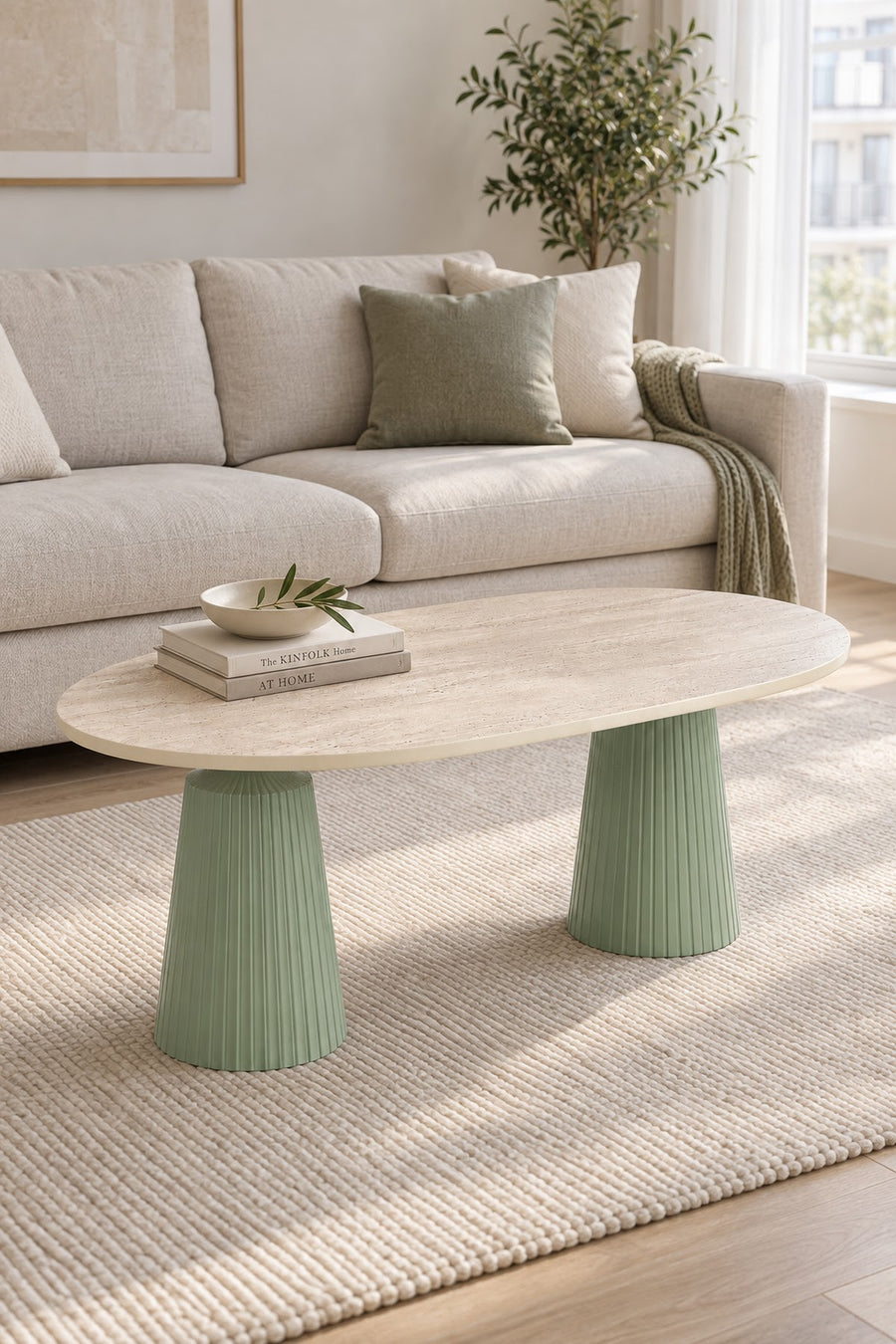 Calista Mint Yeşili Modern Orta Sehpa | Oval Tabla Çift Ayaklı Salon Sehpası