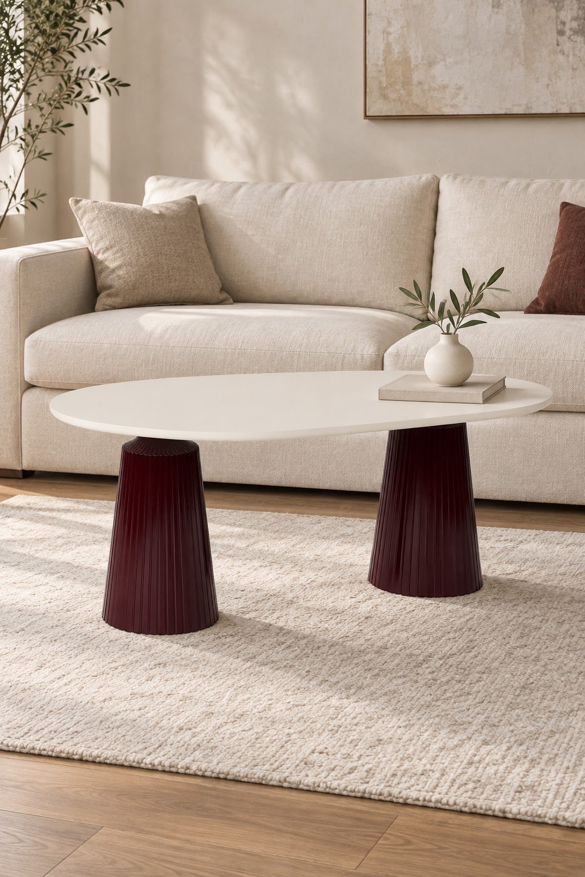 Calista Bordo Modern Orta Sehpa | Oval Tabla Çift Ayaklı Salon Sehpası