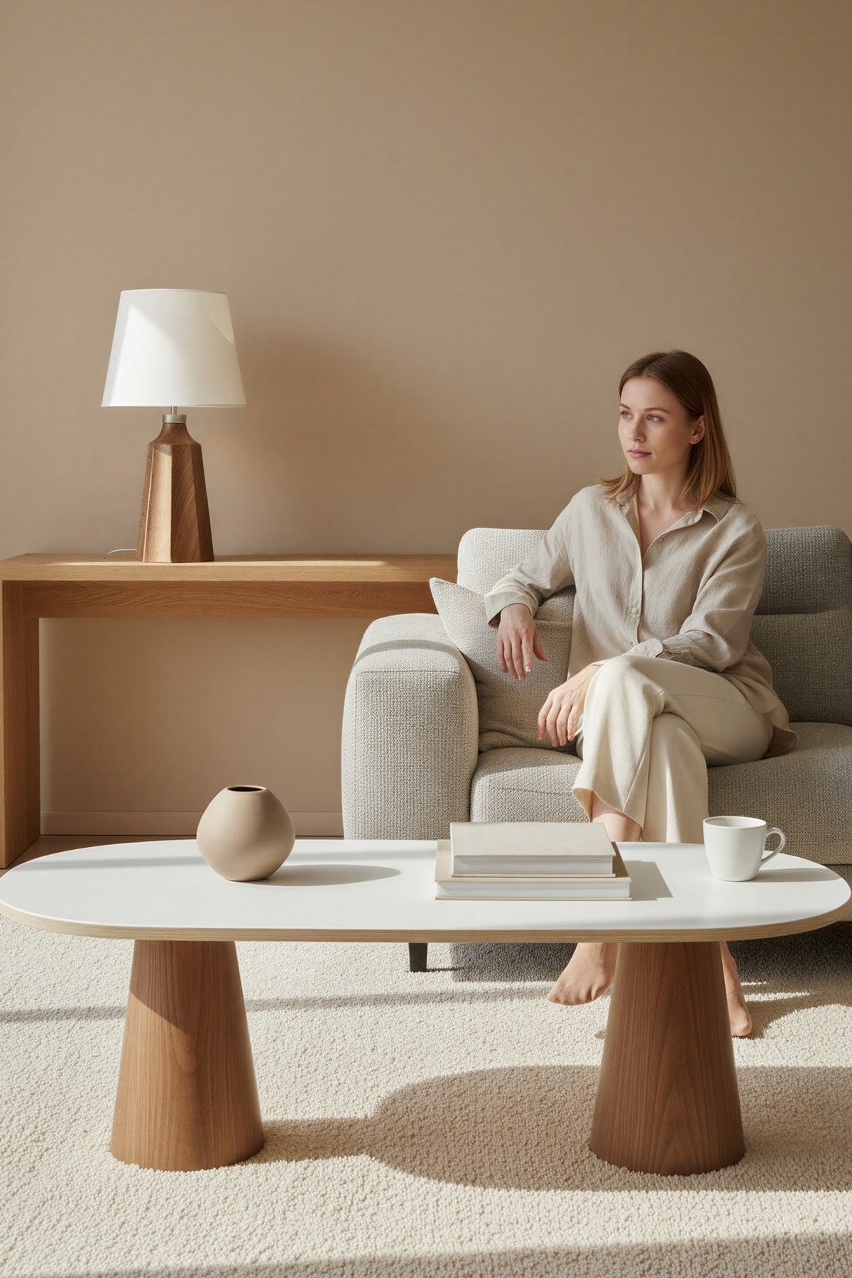 Calista Ceviz Efektli Modern Orta Sehpa | Oval Tabla Çift Ayaklı Salon Sehpası