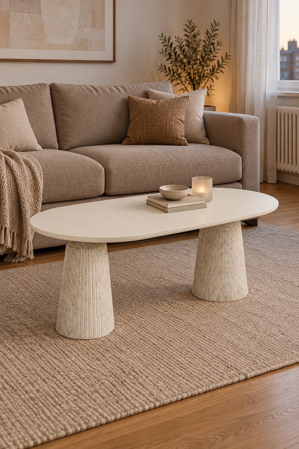 Calista Traverten Modern Orta Sehpa | Oval Tabla Çift Ayaklı Salon Sehpası