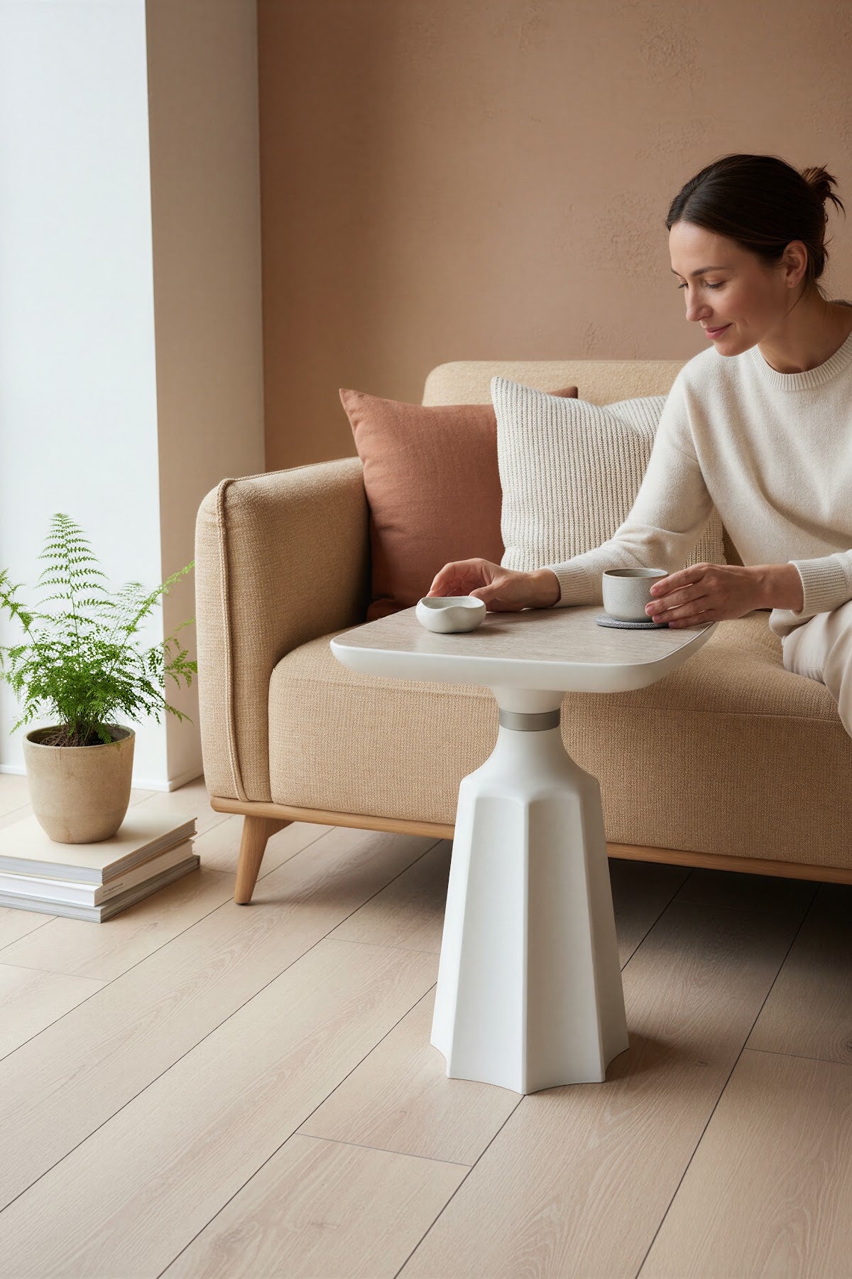 Marmaros Moonstone-Travertine Modern Single Side Table | Single Piece Large Coffee Table