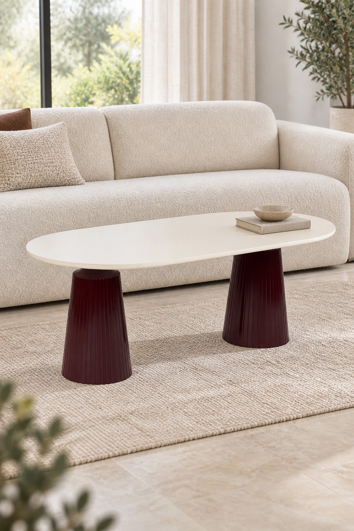 Calista Bordo Modern Orta Sehpa | Oval Tabla Çift Ayaklı Salon Sehpası