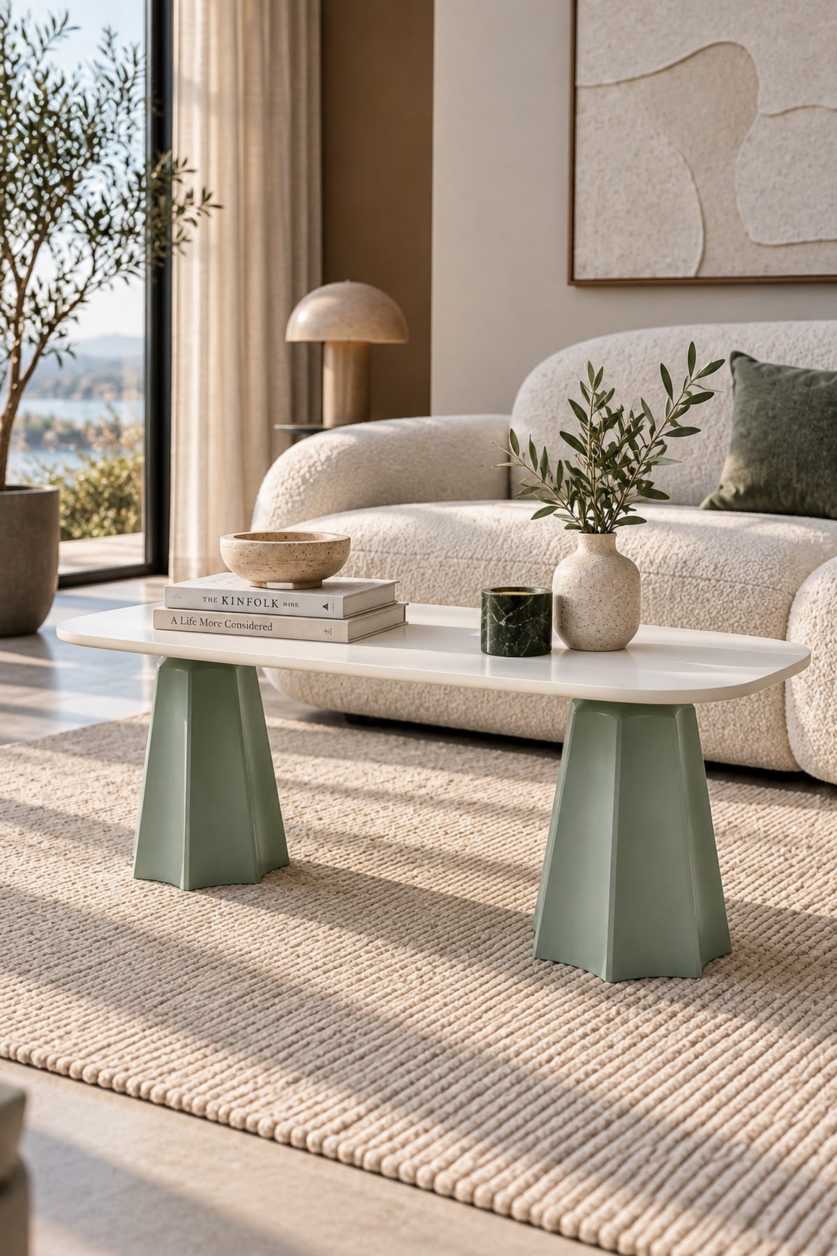 Marmaros Mint Yeşili Modern Orta Sehpa | Dikdörtgen Tabla Çift Ayaklı Salon Sehpası