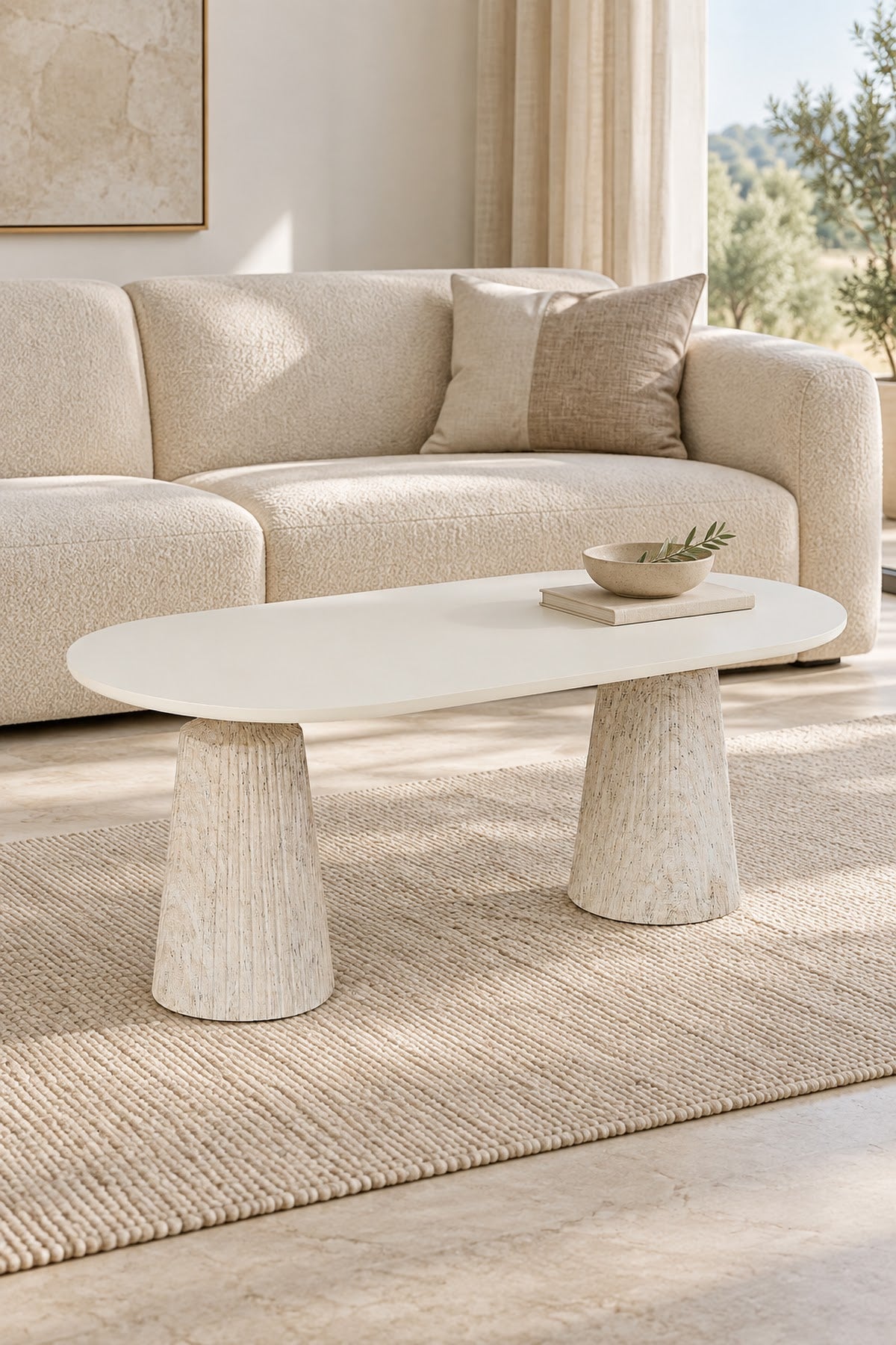 Calista Traverten Modern Orta Sehpa | Oval Tabla Çift Ayaklı Salon Sehpası