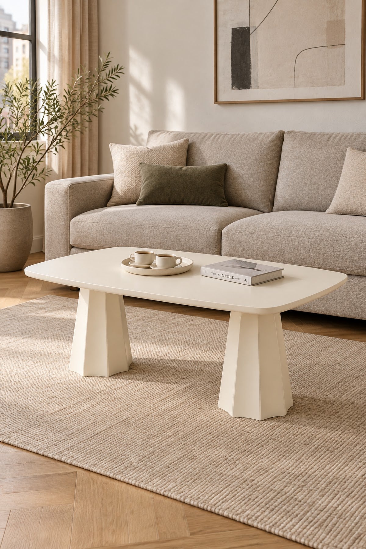 Marmaros Moonstone Modern Coffee Table | Rectangular Top Double-Legged Living Room Table