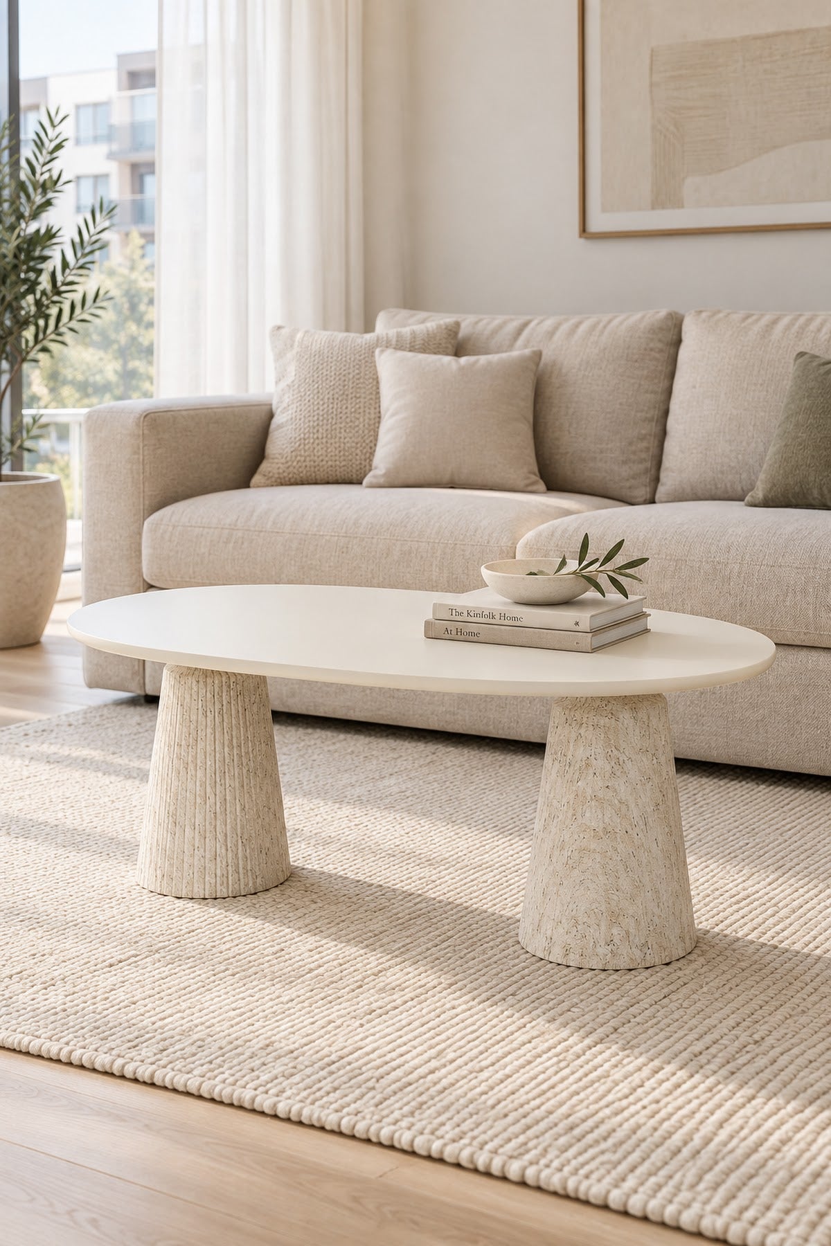 Calista Traverten Modern Orta Sehpa | Oval Tabla Çift Ayaklı Salon Sehpası