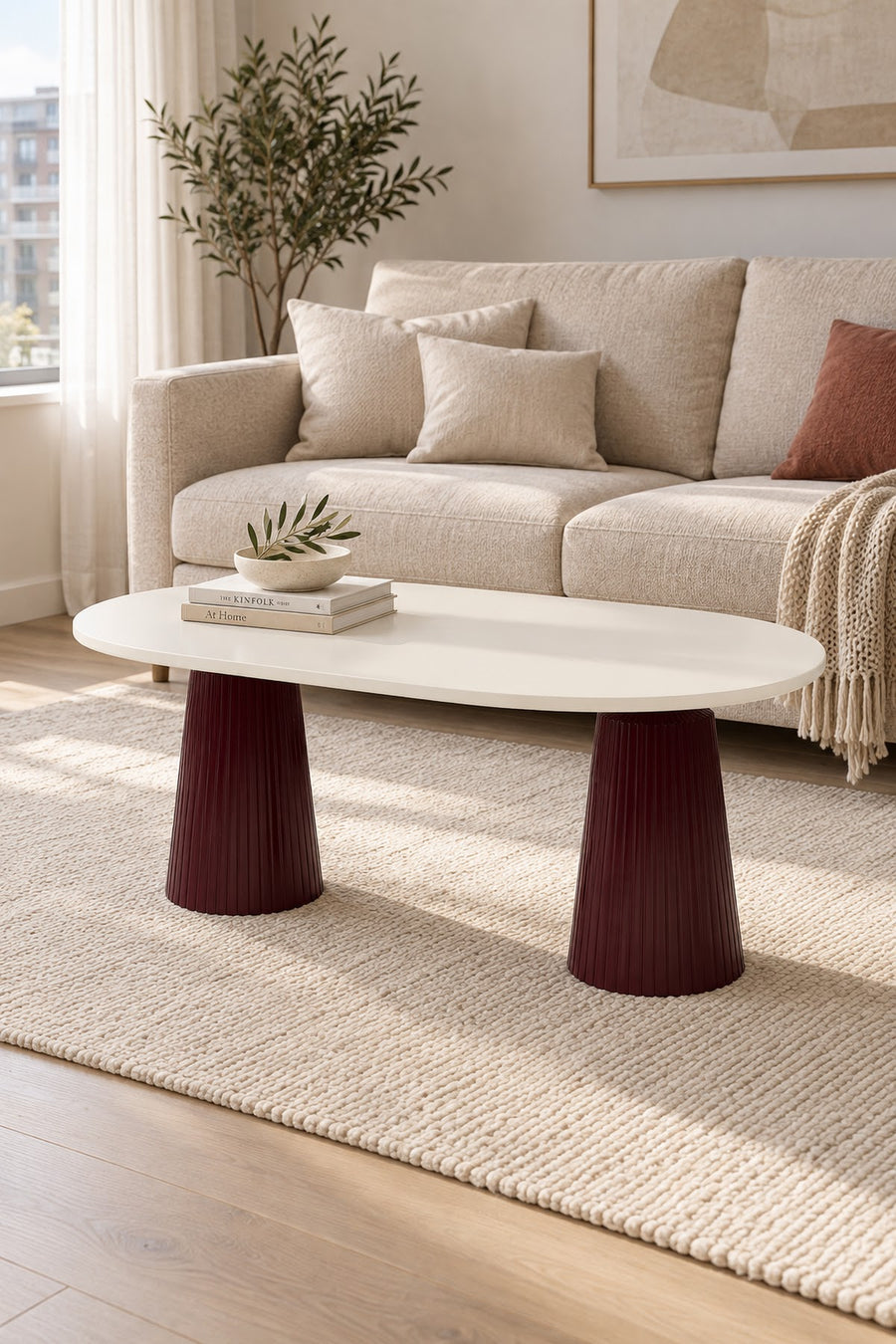 Calista Bordo Modern Orta Sehpa | Oval Tabla Çift Ayaklı Salon Sehpası