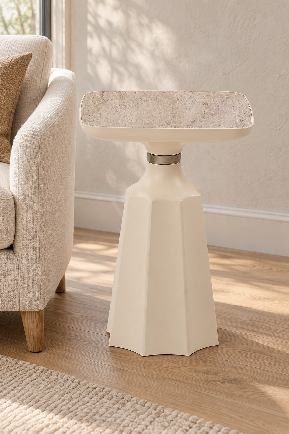 Marmaros Moonstone-Travertine Modern Single Side Table | Single Piece Large Coffee Table