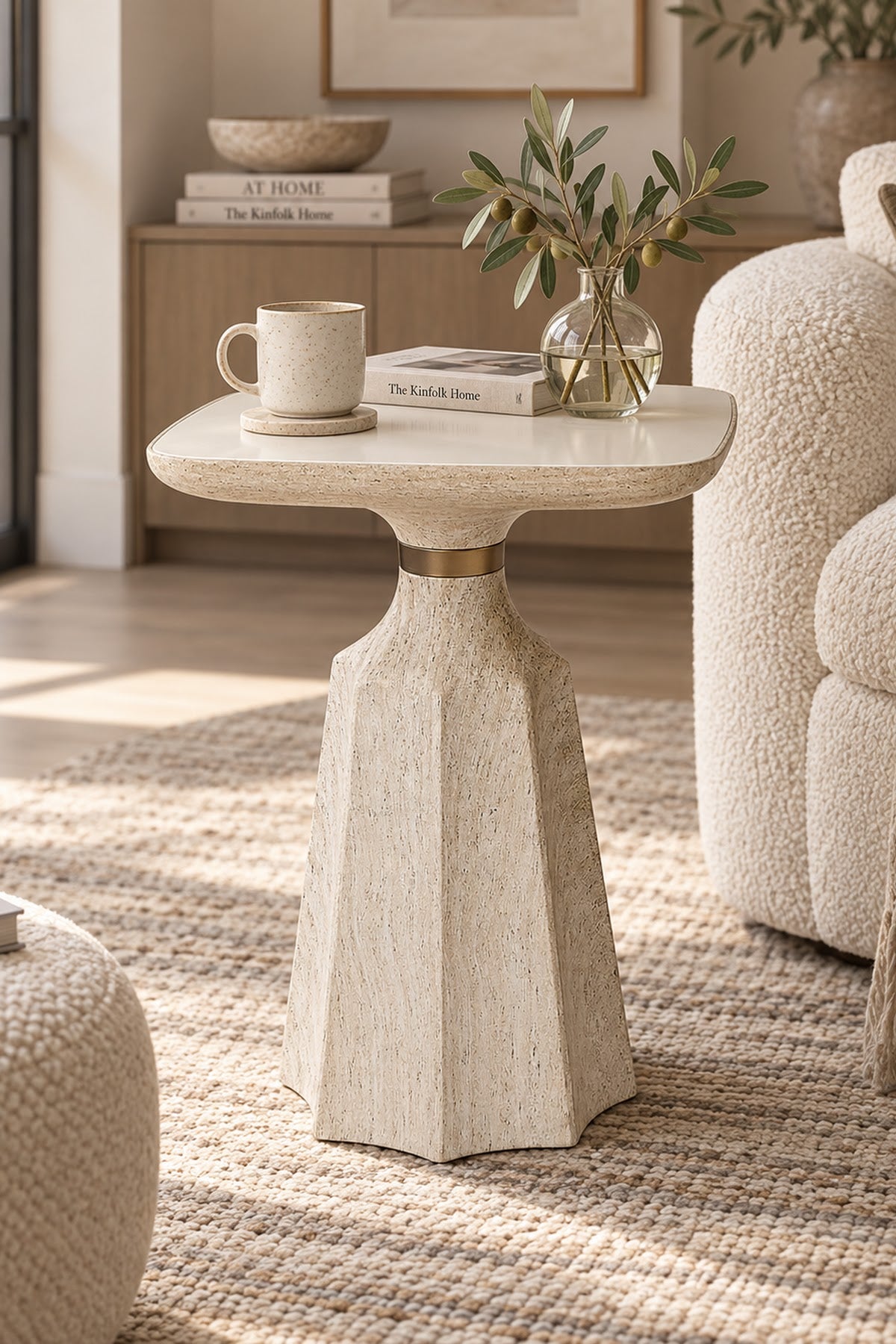 Marmaros Travertine Modern Single Side Table | One-Piece Large Size Coffee Table