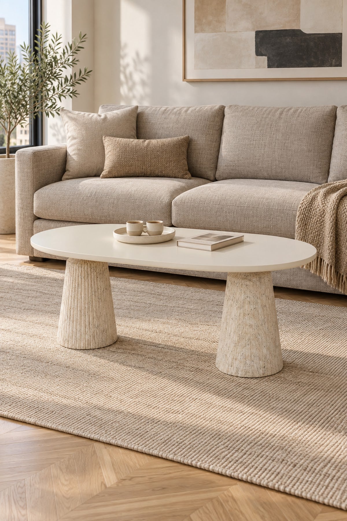 Calista Traverten Modern Orta Sehpa | Oval Tabla Çift Ayaklı Salon Sehpası