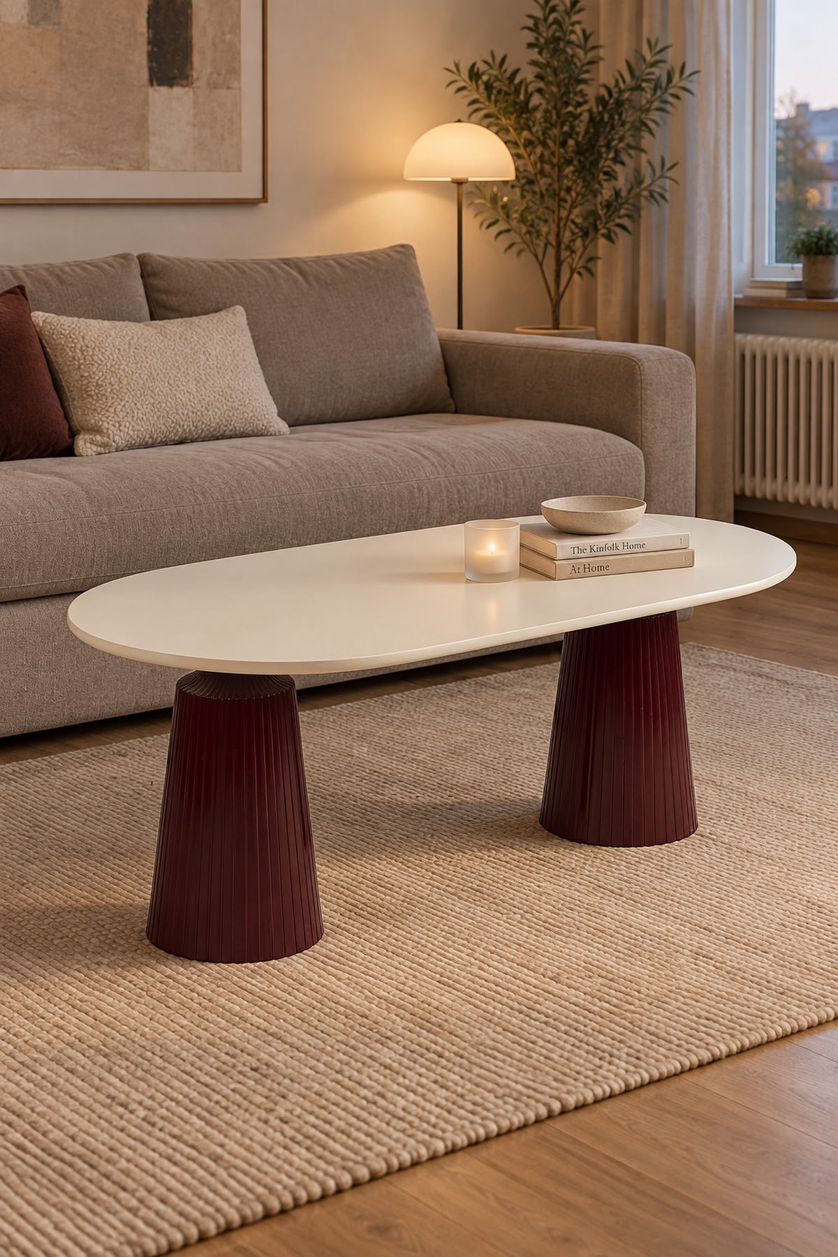 Calista Bordo Modern Orta Sehpa | Oval Tabla Çift Ayaklı Salon Sehpası