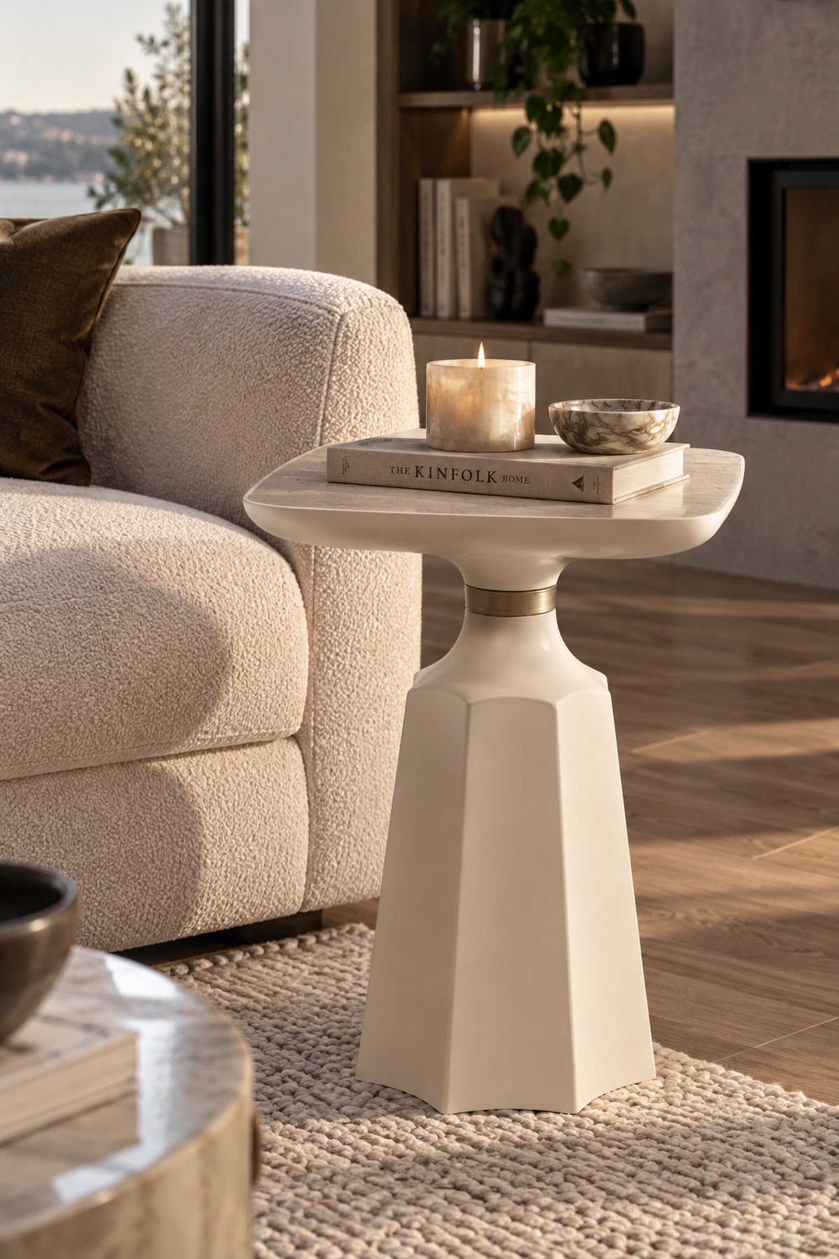 Marmaros Moonstone-Travertine Modern Single Side Table | Single Piece Large Coffee Table