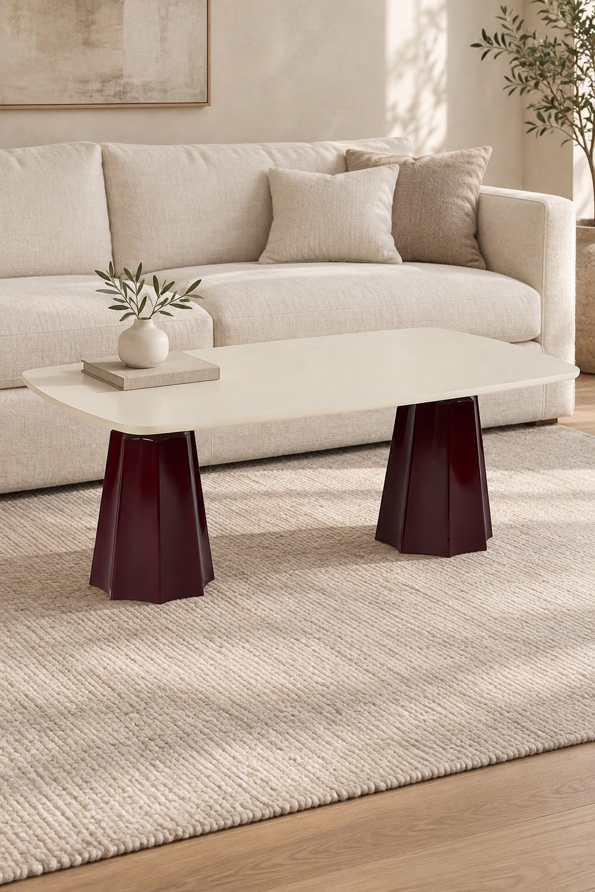 Marmaros Bordo Modern Orta Sehpa | Dikdörtgen Tabla Çift Ayaklı Salon Sehpası