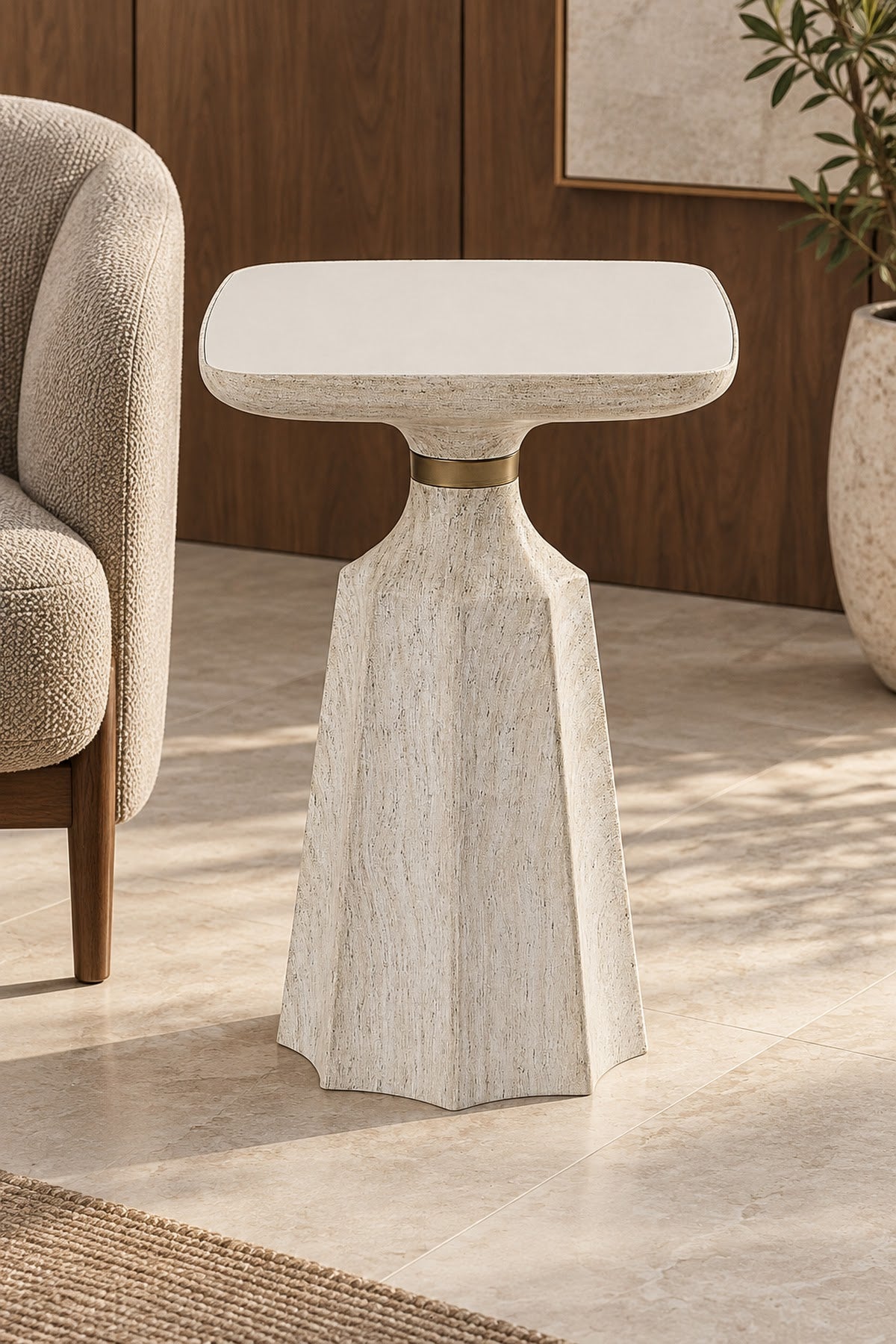 Marmaros Travertine Modern Single Side Table | One-Piece Large Size Coffee Table