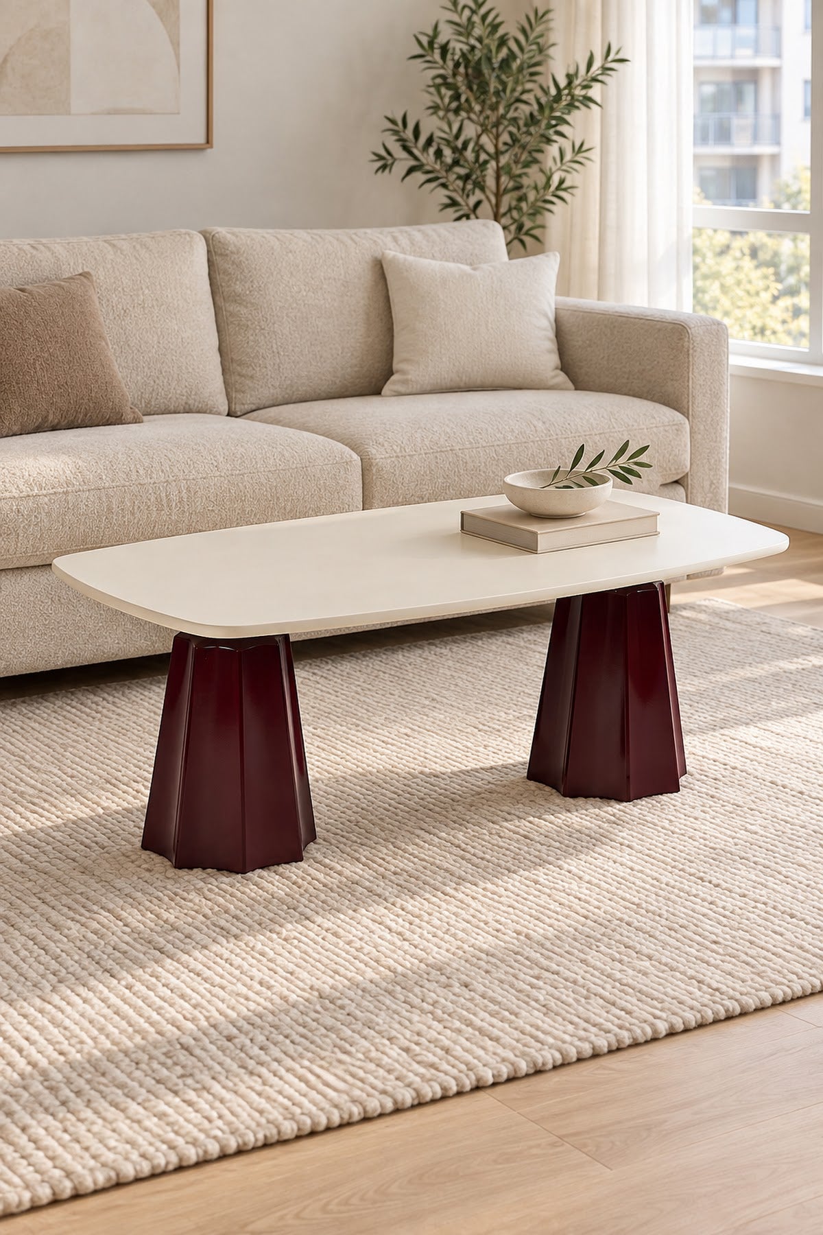 Marmaros Bordo Modern Orta Sehpa | Dikdörtgen Tabla Çift Ayaklı Salon Sehpası