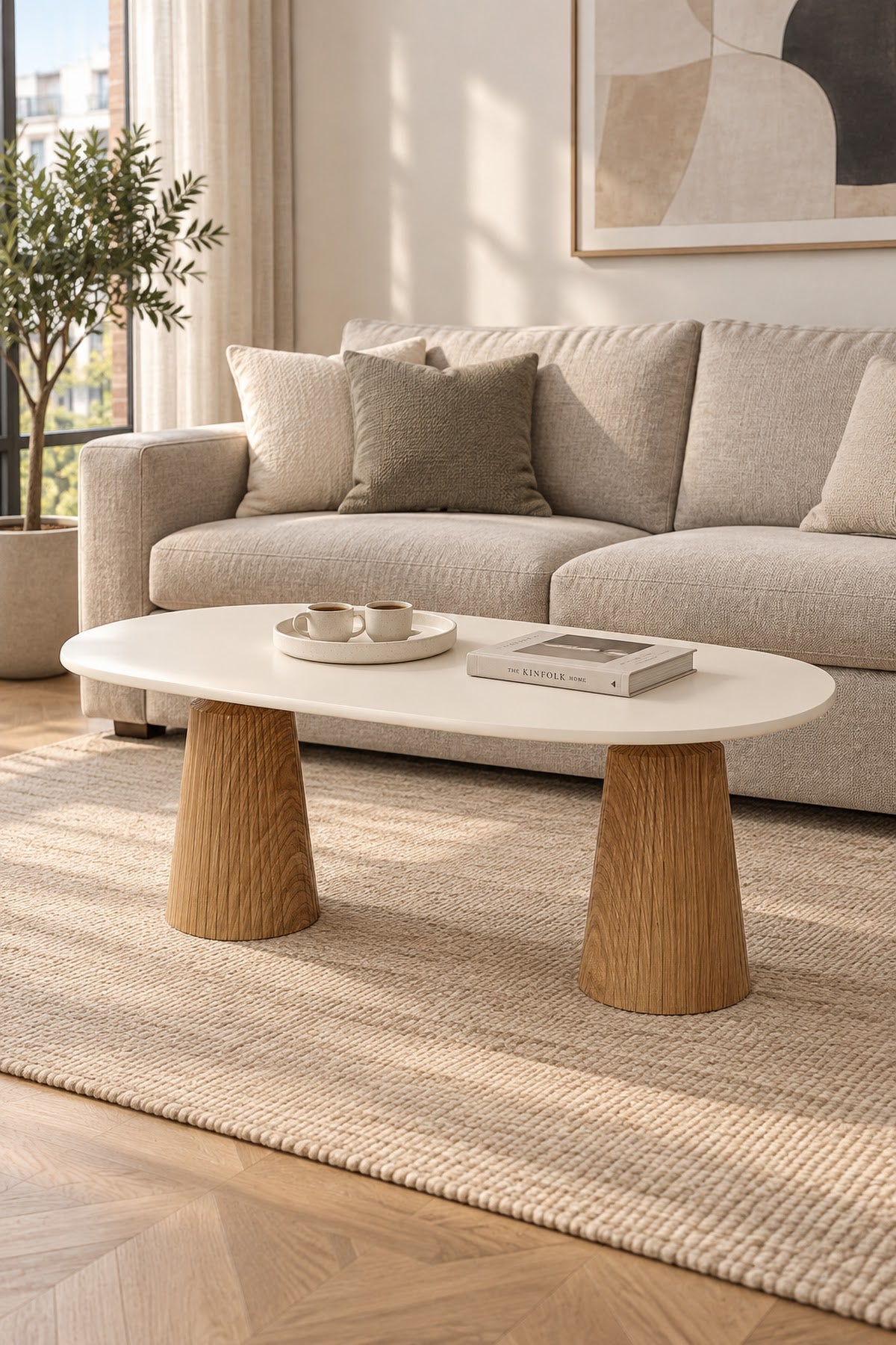 Calista Ceviz Efektli Modern Orta Sehpa | Oval Tabla Çift Ayaklı Salon Sehpası