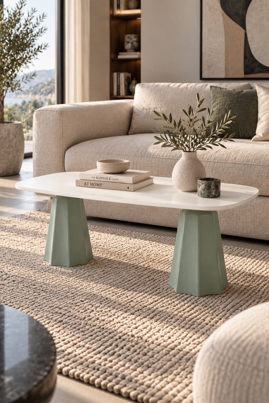 Marmaros Mint Yeşili Modern Orta Sehpa | Dikdörtgen Tabla Çift Ayaklı Salon Sehpası