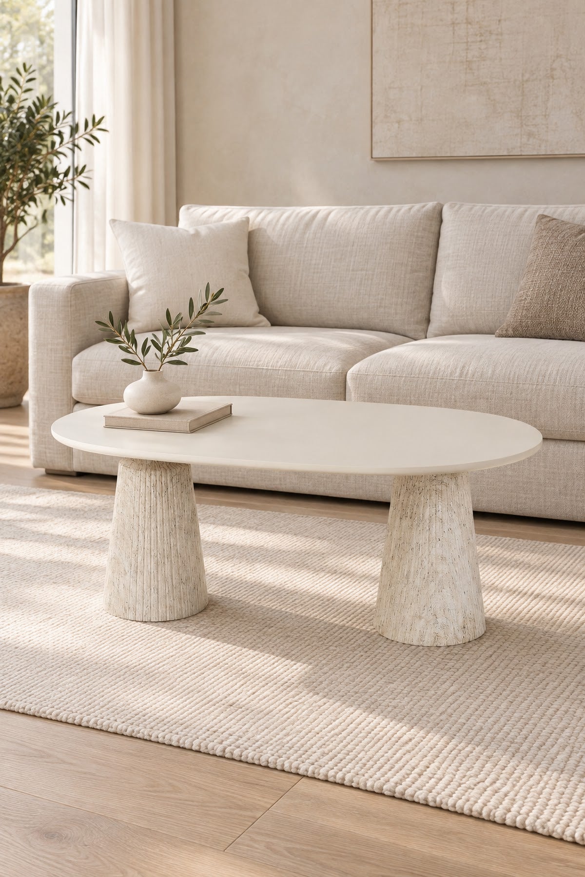 Calista Traverten Modern Orta Sehpa | Oval Tabla Çift Ayaklı Salon Sehpası