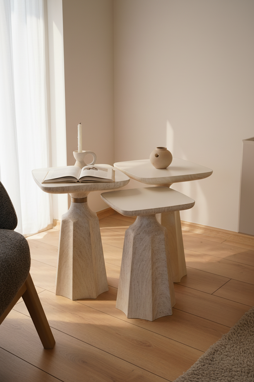 Veloni Home modern yan sehpa zigon sehpa seti beyaz traverten tasarım