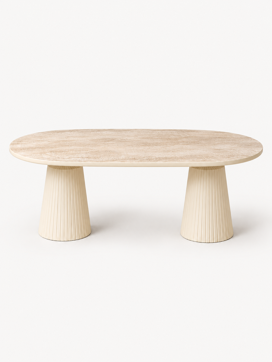 Calista Aytaşı-Traverten Modern Orta Sehpa | Oval Tabla Çift Ayaklı Salon Sehpası